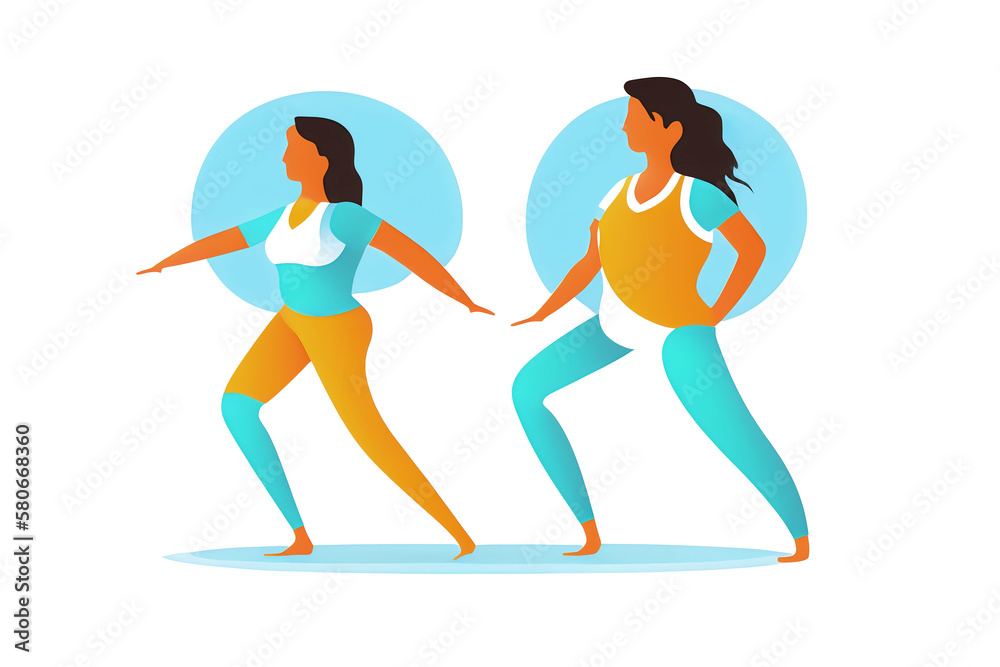 Obraz premium Friends Active in Pilates Class Flat Minimalist Illustration, Indoors Physical Exercise, Simple Concept, Isolated on White Vector Style Generative AI