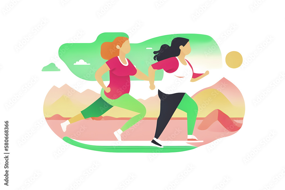 Modern Woman Couple Exercising Outdoors, Body Positive Jogging Pair of Women, Lesbian Family Unit, Isolated on White Vector Style Generative AI