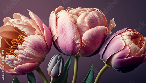 Tulip flowers on pastel background with copy space, generative AI tools 