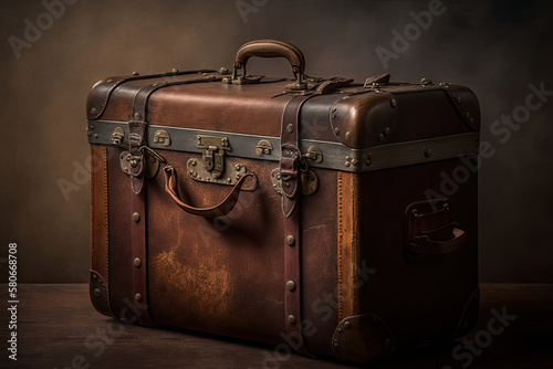 old leather case with metal closure, leather strap, brown leather