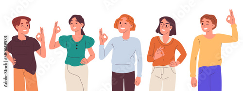 Young people show okay sign. Character with positive gesture. Winking friends body language flat cartoon vector illustration set