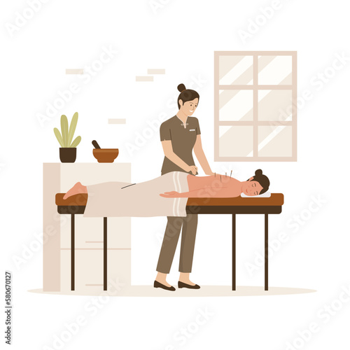 Traditional acupuncture treatment illustration concept. Illustration for websites, landing pages, mobile apps, posters and banners. Trendy flat vector illustration