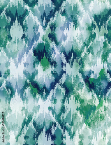 Diamond Geo Watercolor Wash Contemporary Painting with Paper Texture. Seamless Repeat Pattern Swatch Tile. Seamless Ikat Pattern