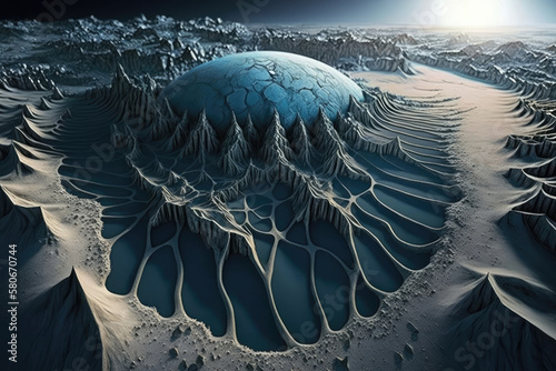 abstract illustration of alien uninhabited planet, many craters and rocks