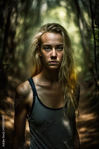 Natürliche Schönheit im Wald. Eine hübsche Frau auf einem Waldweg. Abenteuer im Dschungel. Portrait einer jungen Frau im Wald. Spaziergang im Wald. Ki generiert
