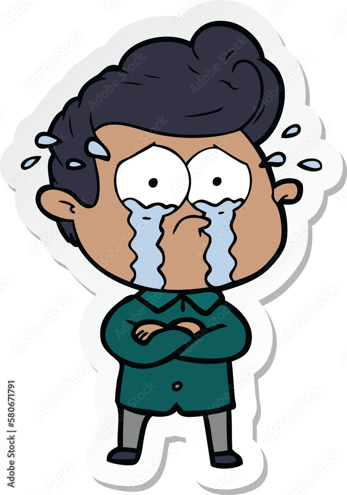 sticker of a cartoon crying man with crossed arms