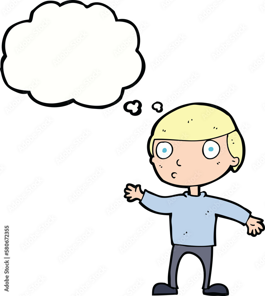 cartoon waving man with thought bubble