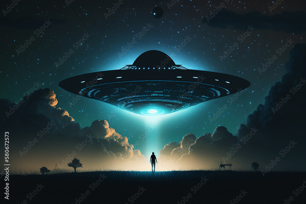 Flying saucer flies at night in sky over silhouette of man standing in ...