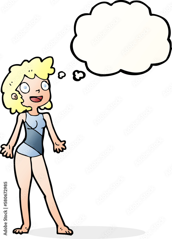 cartoon woman in swimming costume with thought bubble cartoon woman in swimming costume with thought bubble