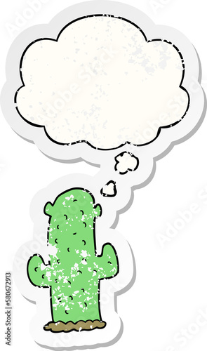 cartoon cactus and thought bubble as a distressed worn sticker