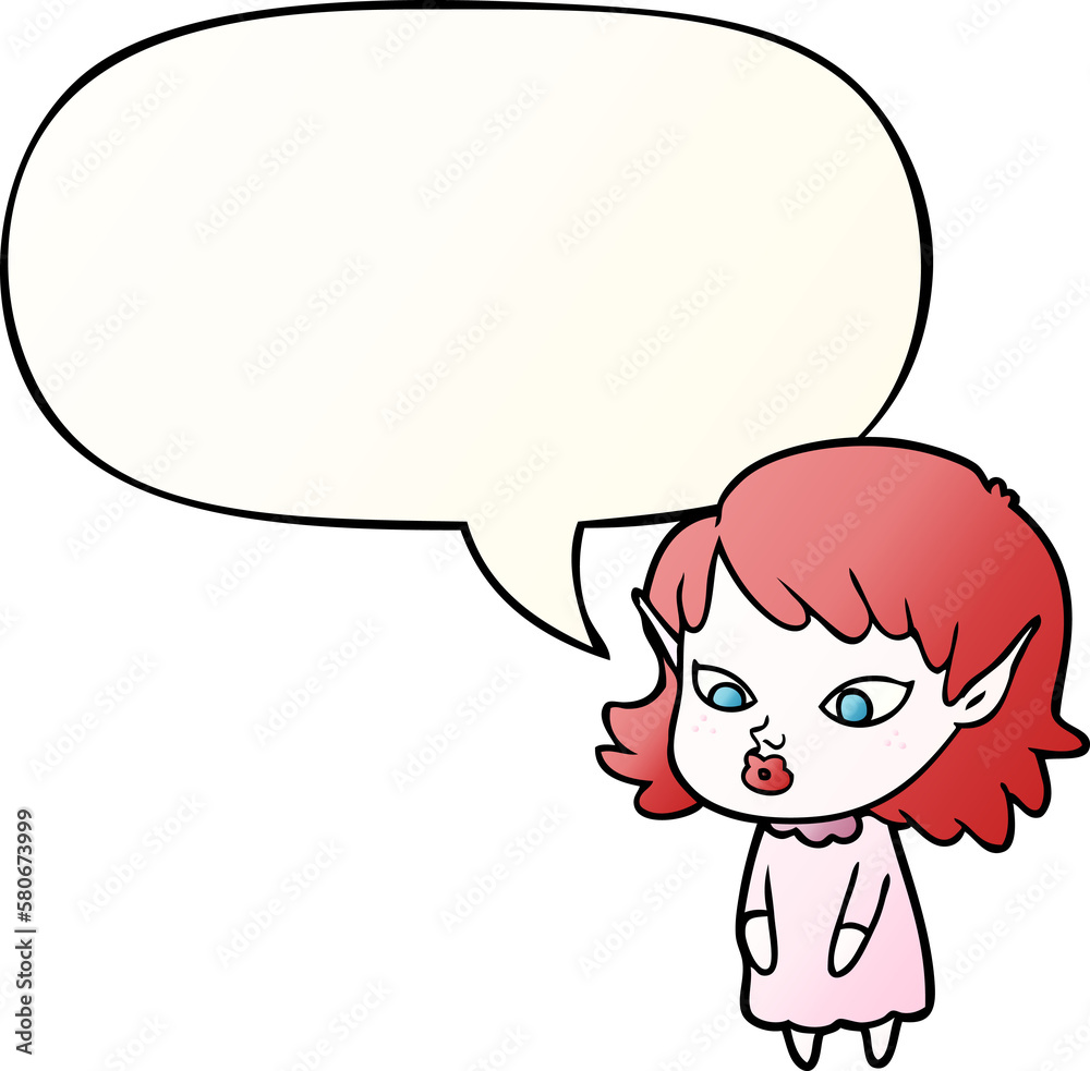 cartoon elf girl and pointy ears and speech bubble in smooth gradient style cartoon elf girl and pointy ears and speech bubble in smooth gradient style