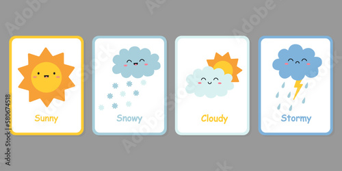 
Set of cards with weather elements. Cute cartoon sun and clouds. Children's cards for learning. Vector illustration.
