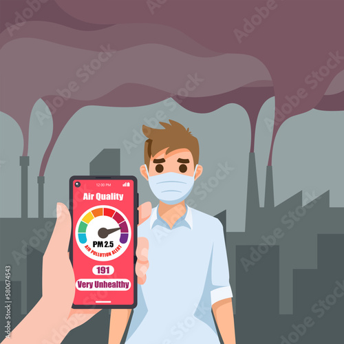 Man wearing protective masks in big city and industry make air pollution, fine dust, smoke, and smog. PM 2.5 tracking apps on smartphone. Vector illustration cartoon flat design.