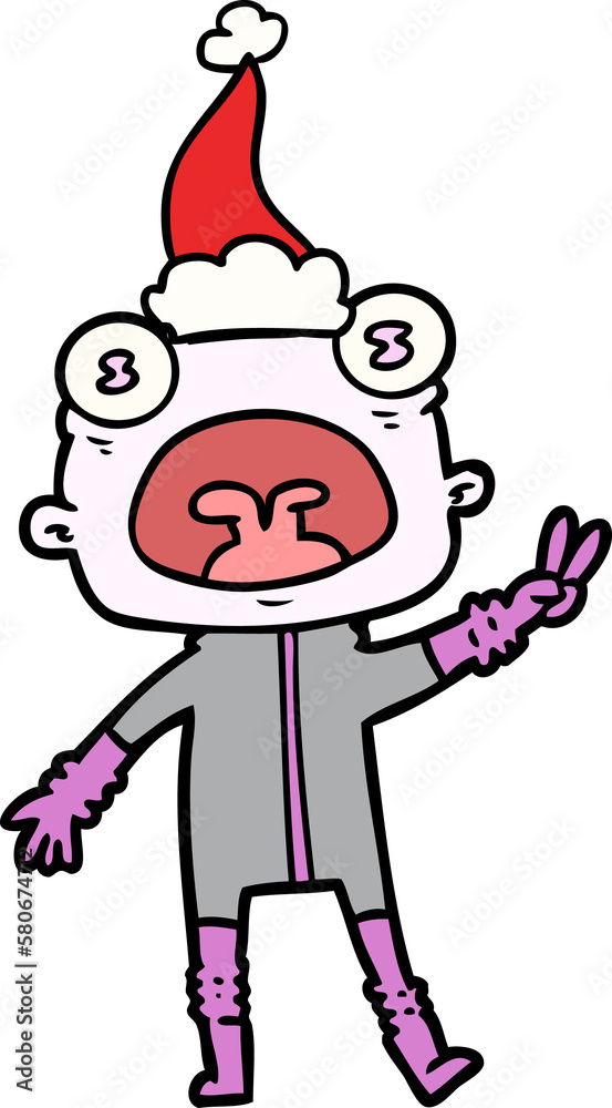 line drawing of a weird alien waving wearing santa hat line drawing of a weird alien waving wearing santa hat