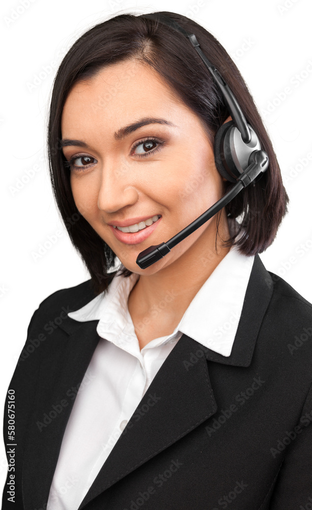 Closeup of a Female Phone Operator in Headset Closeup of a Female Phone Operator in Headset