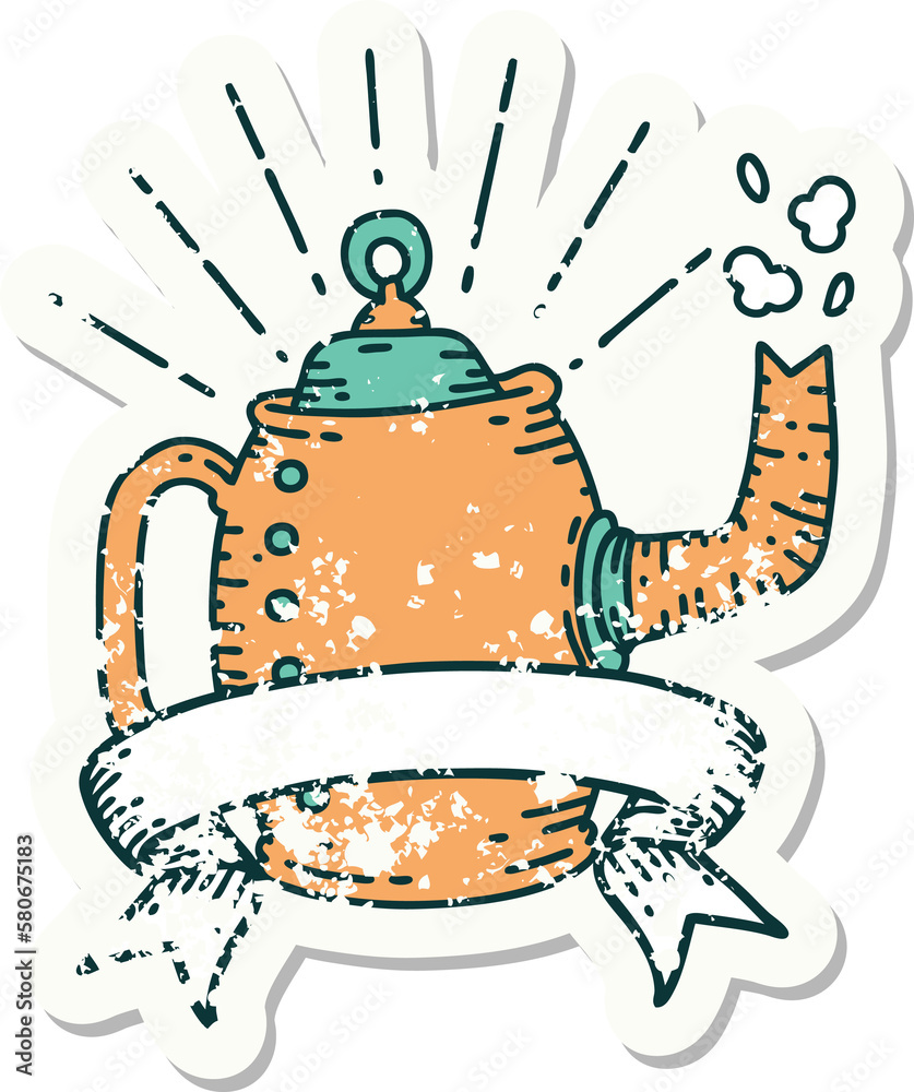 grunge sticker of tattoo style old coffee pot steaming grunge sticker of tattoo style old coffee pot steaming