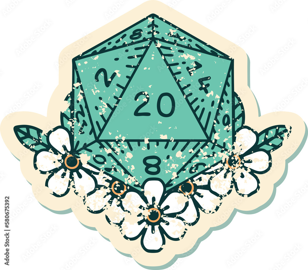 natural 20 D20 dice roll with floral elements grunge sticker