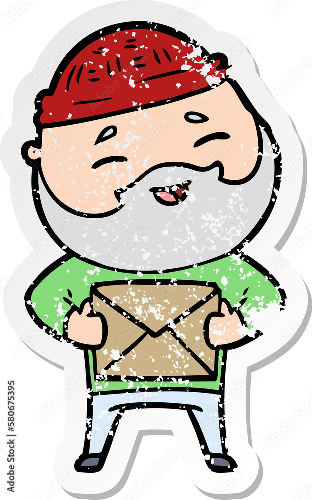 distressed sticker of a cartoon happy bearded man