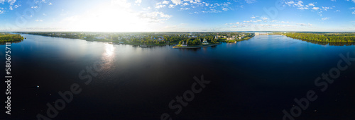 Uglich, Russia. Panorama of the Volga River embankment, Uglich hydroelectric power station, Gateway. Panorama 360 photo