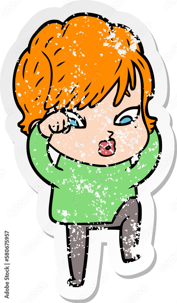distressed sticker of a cartoon woman distressed sticker of a cartoon woman