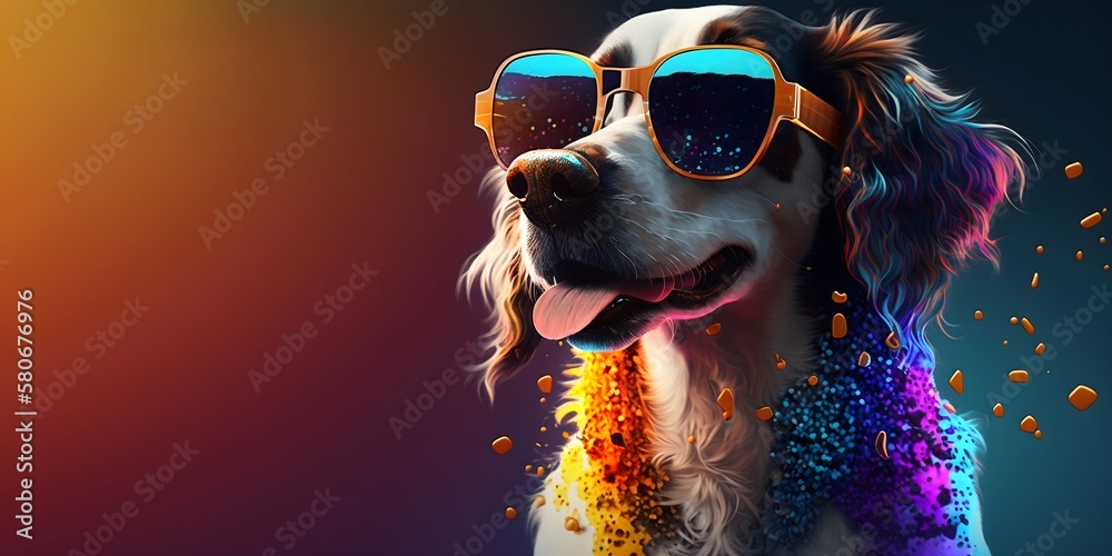 Sunglasses-Wearing Pup Brings the Fun with a Lively and Colorful Background, image generated with artificial intelligence