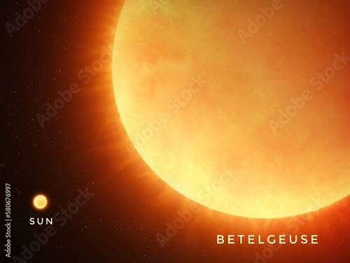 Betelgeuse star and sun isolated on black background. Comparison of a red supergiant and a yellow dwarf. photo