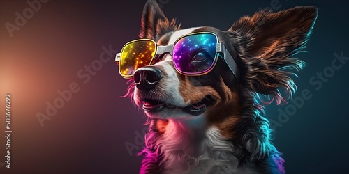 Sunglasses-Wearing Pup Brings the Fun with a Lively and Colorful Background, image generated with artificial intelligence © Vainsent_Black