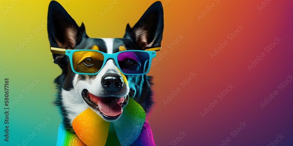 Sunglasses-Wearing Pup Brings the Fun with a Lively and Colorful Background, image generated with artificial intelligence Sunglasses-Wearing Pup Brings the Fun with a Lively and Colorful Background, image generated with artificial intelligence