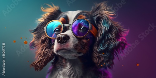 Sunglasses-Wearing Pup Brings the Fun with a Lively and Colorful Background, image generated with artificial intelligence © Vainsent_Black