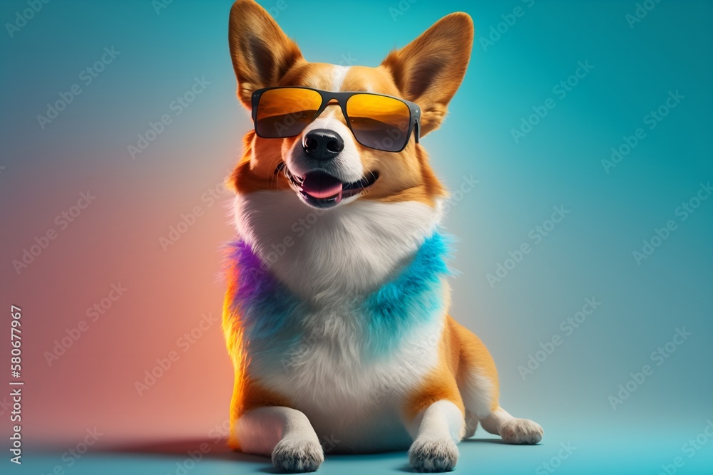 Sunglasses-Wearing Pup Brings the Fun with a Lively and Colorful Background, image generated with artificial intelligence