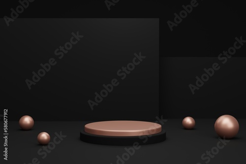 3d rendering of realistic luxury black and rose gold podium, product stage minimal style, geometry circular podium mock up for product © ciaoaleandro