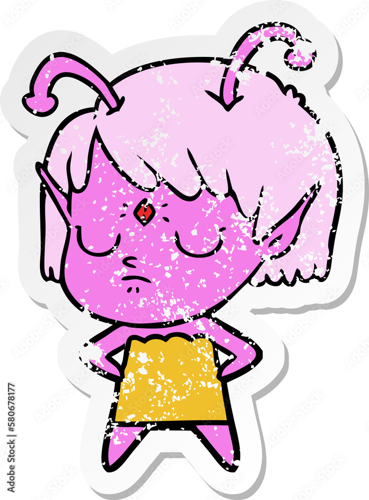 distressed sticker of a cartoon alien girl distressed sticker of a cartoon alien girl