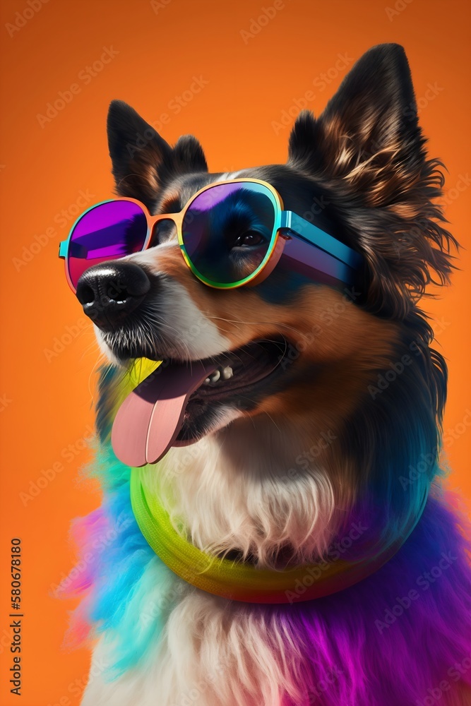 Sunglasses-Wearing Pup Brings the Fun with a Lively and Colorful Background, image generated with artificial intelligence