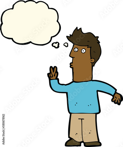 cartoon man signalling with hand with thought bubble