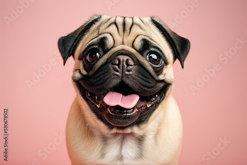 Happy dog smile on pink background, cute puppy pug breed happy on sweet color, purebred dog concept. Generative AI © AkuAku