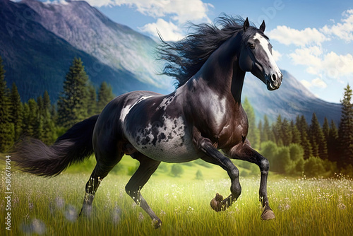 horse running on meadow on a sunny day, generative AI © Kien