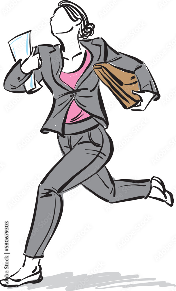 Fototapeta premium business woman being late concept running with suitcase and papers vector illustration