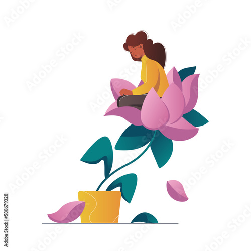 Unhappy sad woman with bad mood sitting on the fading flower, suffering from grief, soul hurt, offense, depression, sorrow and other negative psychological states and problems vector illustration 