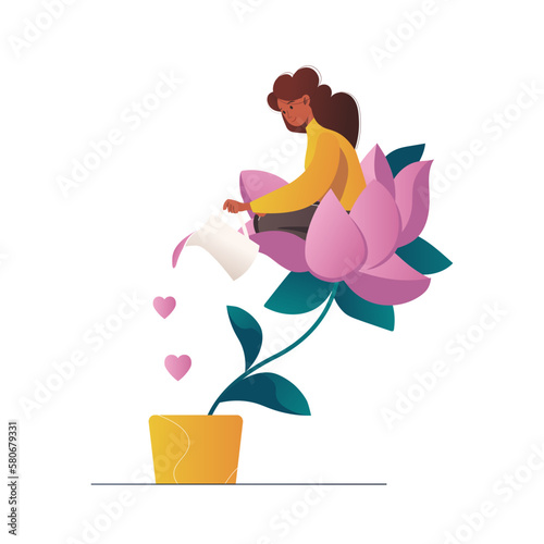 A happy woman or girl sits in the flower and waters it. Self help concept. Female character feeling self love, bliss, harmony, positive emotion, cares about herself and her future. Vector illustration