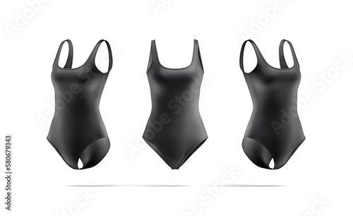 Blank black one-piece swimsuit mockup, front and side view photo