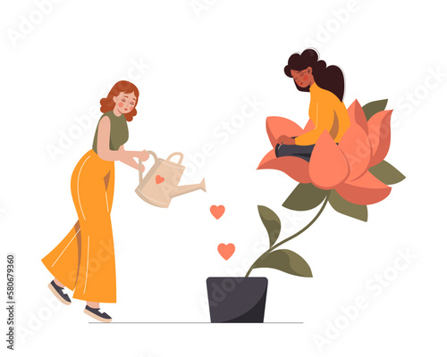 Person helping and caring about others. Donation, funding, supporting. Woman watering flower in which happy girl sits. Mental health concept. Female friends supporting each other vector illustration