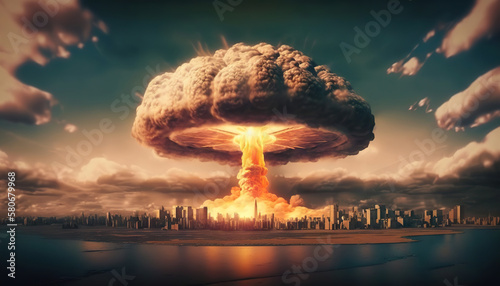 Mushroom cloud of nuclear bomb explosion. Based on Generative AI
