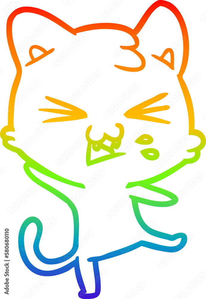 Fototapeta premium rainbow gradient line drawing cartoon cat hissing