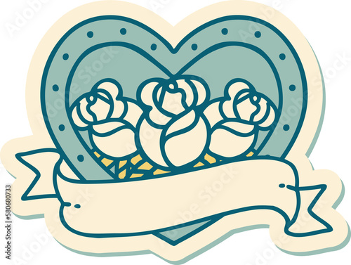 Fototapeta Naklejka Na Ścianę i Meble -  tattoo style sticker of a heart and banner with flowers