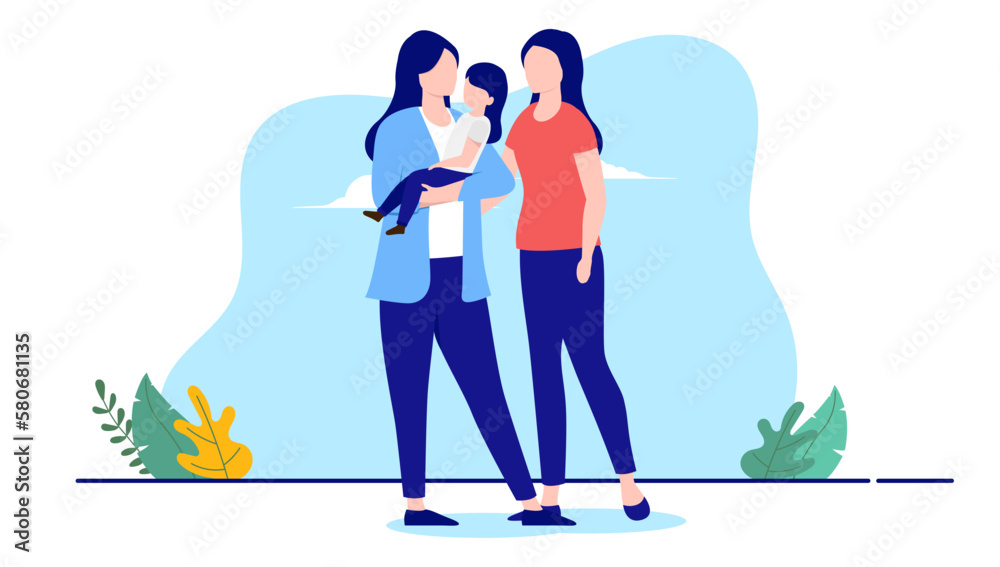 Gay parents - Two lesbian women with child in arms standing together. Parenting and tolerance concept. Flat design vector illustration with white background