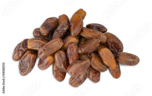 Phoenix dactylifera on a white background. Clipping mask. Plastic tray of dried dates