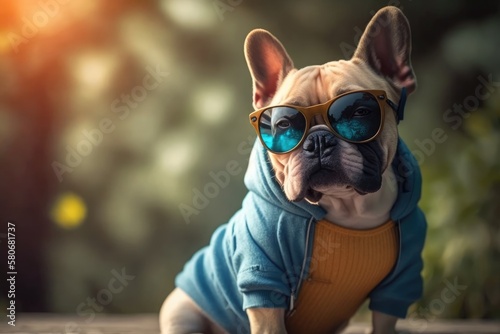 Outside, a French Bulldog is wearing sunglasses. The summer break. Stylish clothes for pets. Generative AI
