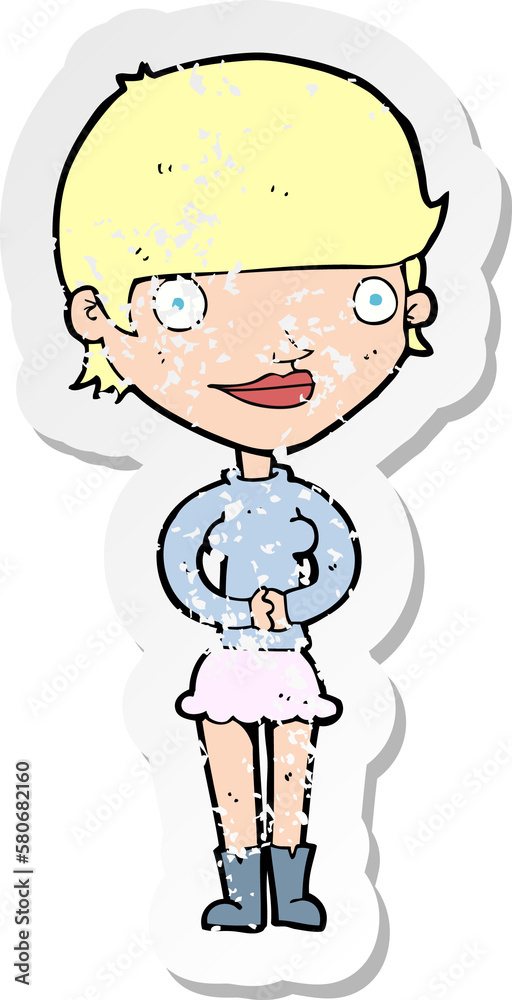 retro distressed sticker of a cartoon friendly woman retro distressed sticker of a cartoon friendly woman