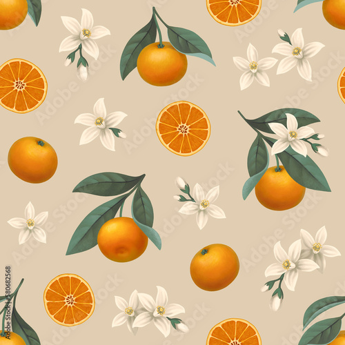 Hand painted illustration of orange tree branch. Seamless pattern design. Perfect for fabrics, wallpapers, clothes, home textile, posters, packaging design, stationery and other goods