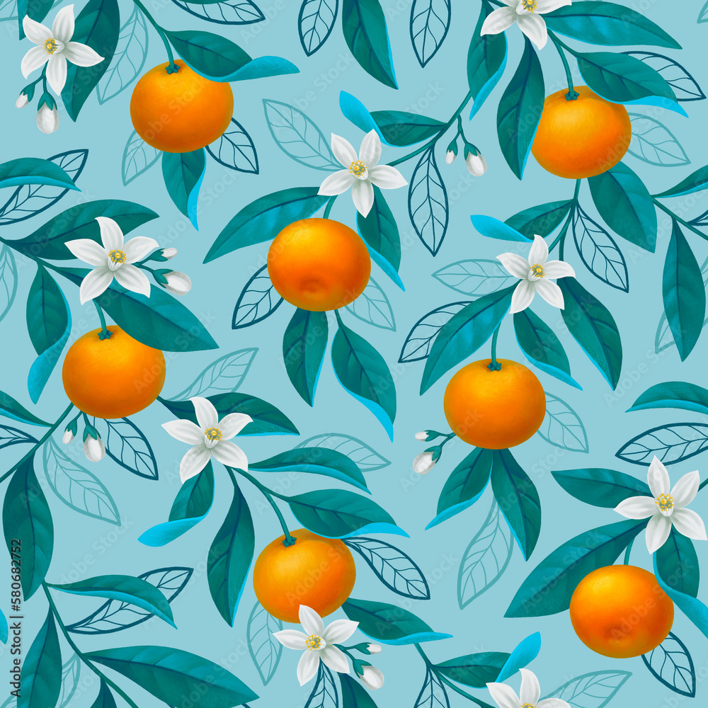 Hand painted illustration of orange tree branch. Seamless pattern design. Perfect for fabrics, wallpapers, clothes, home textile, posters, packaging design, stationery and other goods Hand painted illustration of orange tree branch. Seamless pattern design. Perfect for fabrics, wallpapers, clothes, home textile, posters, packaging design, stationery and other goods